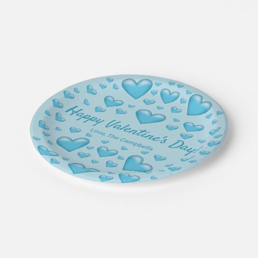 Blue Hearts Happy Valentine's Day & Custom Text Pappteller (Schrägansicht)