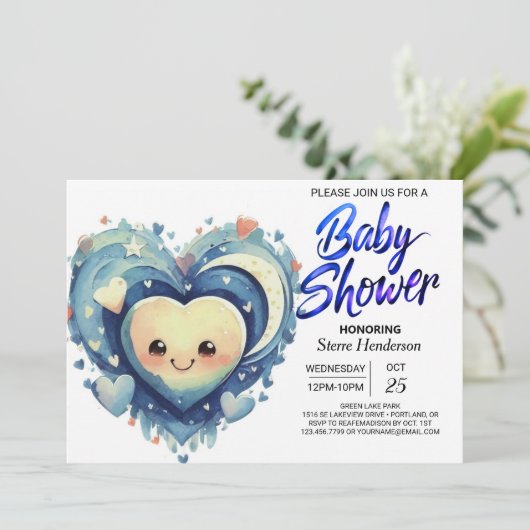 Blue Hearts Little Sweetheart Boy Baby Shower Einladung (Stehend Vorderseite)
