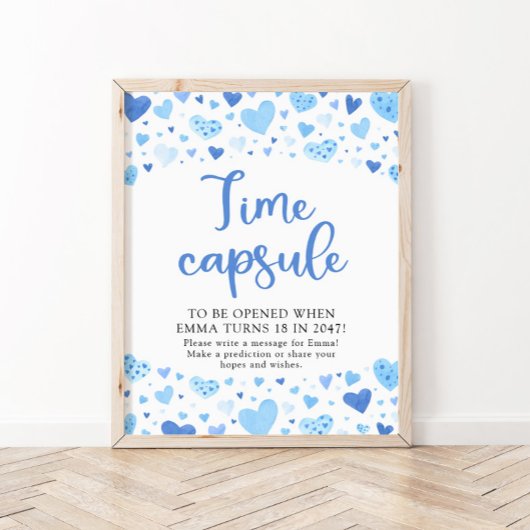 Blue Hearts Time Kapsel Baby Duschzeichen Poster