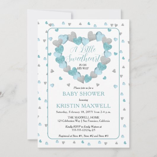 Blue Hearts Wreath eine kleine Sweetheart Baby Dus Einladung (Vorderseite)