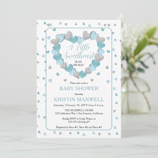 Blue Hearts Wreath eine kleine Sweetheart Baby Dus Einladung (Stehend Vorderseite)