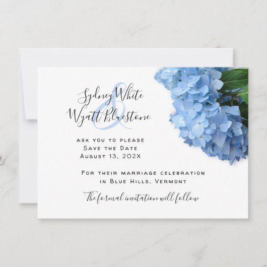Blue Heaven Hydrangea Floral Linen Save the Date (Vorderseite)