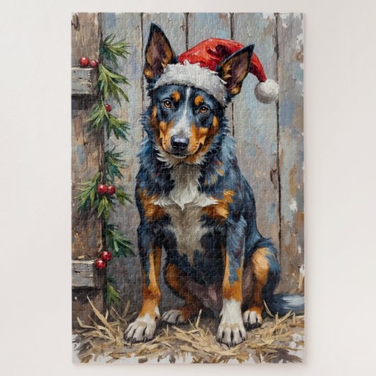 Blue Heeler Alertly Guarding Christmas Hay Hat Puzzle (Vertikal)