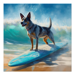 Blue Heeler Beach Surfen Malerei Poster