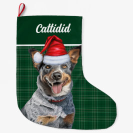 Blue Heeler Dog Green Holiday Kariert Personalisie Großer Weihnachtsstrumpf