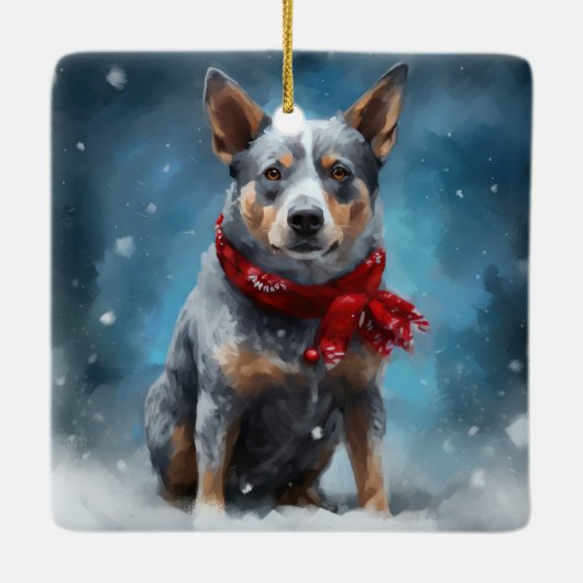 Blue Heeler Dog in Schnee Weihnachten Keramikornament (Rückseite)