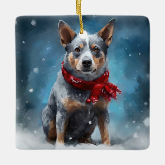 Blue Heeler Dog in Schnee Weihnachten Keramikornament (Vorderseite)