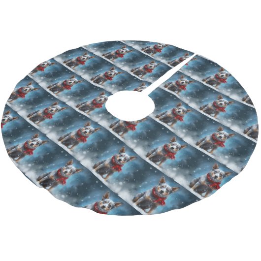 Blue Heeler Dog in Schnee Weihnachten Polyester Weihnachtsbaumdecke (Schrägansicht)