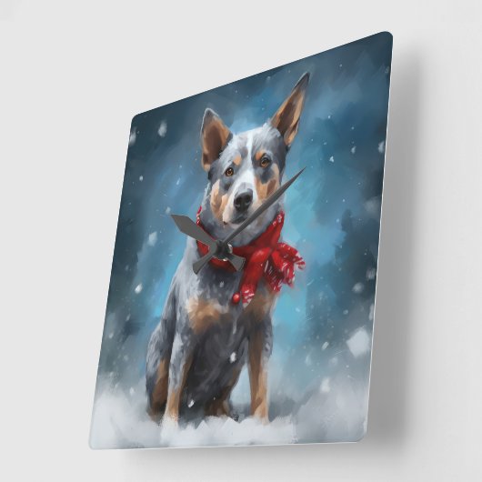 Blue Heeler Dog in Schnee Weihnachten Quadratische Wanduhr (Winkel)