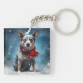 Blue Heeler Dog in Schnee Weihnachten Schlüsselanhänger (Rückseite)