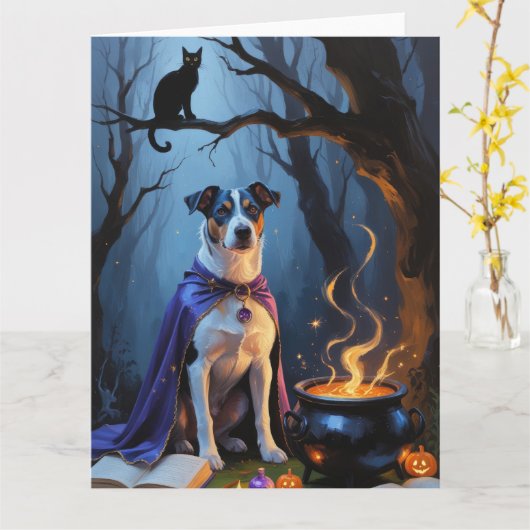 Blue Heeler Dog Whimsical Halloween Malerei Karte (Gelbe Blume)