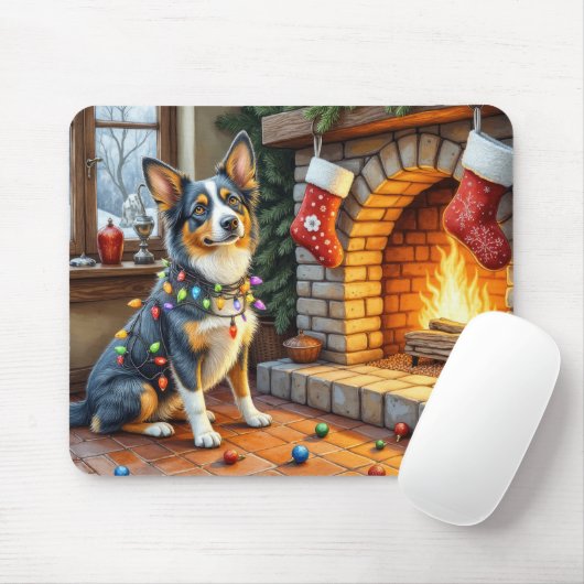 Blue Heeler Fireplace with Christmas Lights Mousepad (Mit Mouse)