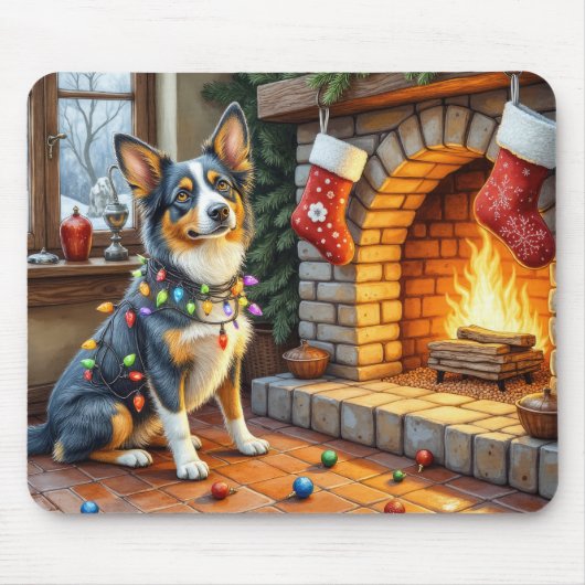 Blue Heeler Fireplace with Christmas Lights Mousepad (Vorne)