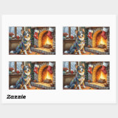 Blue Heeler Fireplace with Christmas Lights Rechteckiger Aufkleber (Blatt)