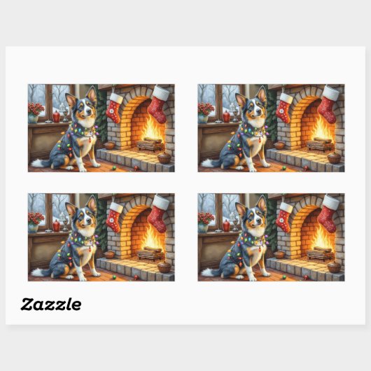 Blue Heeler Fireplace with Christmas Lights Rechteckiger Aufkleber (Blatt)