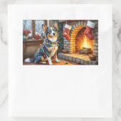 Blue Heeler Fireplace with Christmas Lights Rechteckiger Aufkleber (Tasche)