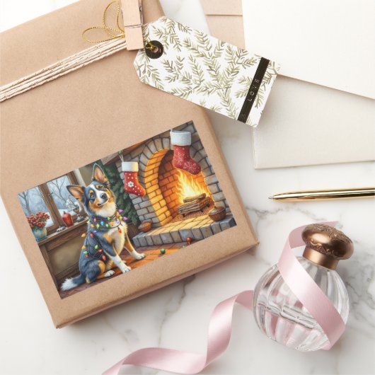 Blue Heeler Fireplace with Christmas Lights Rechteckiger Aufkleber (Schenken)