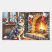 Blue Heeler Fireplace with Christmas Lights Rechteckiger Aufkleber (Vorderseite)