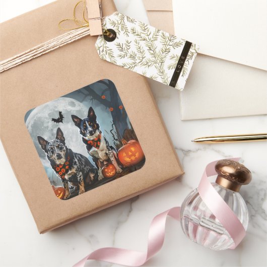 Blue Heeler Halloween Spooky Quadratischer Aufkleber (Schenken)