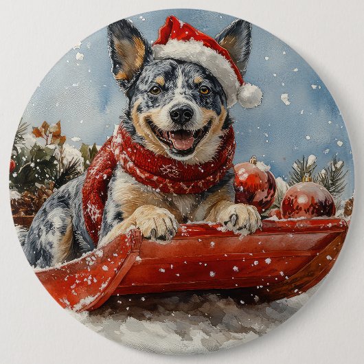 Blue Heeler Hund in Sledge Lass es Schnee Weihnach Button (Vorderseite)