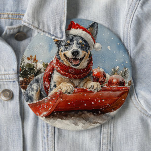 Blue Heeler Hund in Sledge Lass es Schnee Weihnach Button