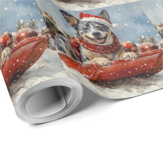 Blue Heeler Hund in Sledge Lass es Schnee Weihnach Geschenkpapier (Rolleneckpunkt)