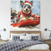 Blue Heeler Hund in Sledge Lass es Schnee Weihnach Leinwanddruck (Insitu (Schlafzimmer))