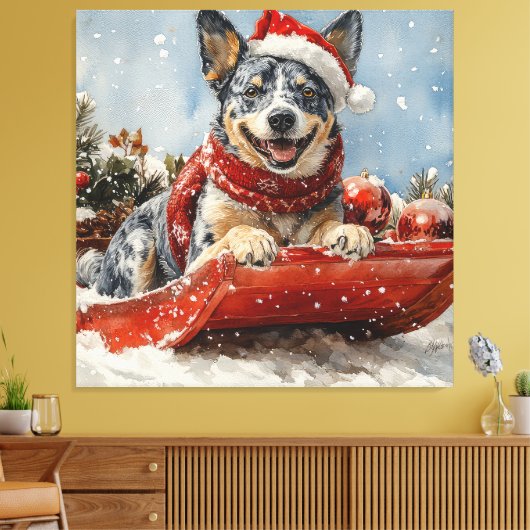Blue Heeler Hund in Sledge Lass es Schnee Weihnach Leinwanddruck (Insitu (Wohnzimmer))