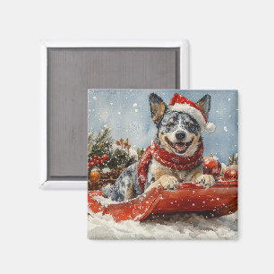 Blue Heeler Hund in Sledge Lass es Schnee Weihnach Magnet