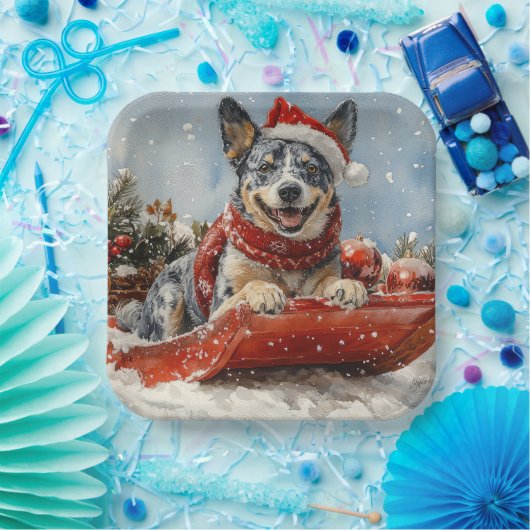 Blue Heeler Hund in Sledge Lass es Schnee Weihnach Pappteller (Party)