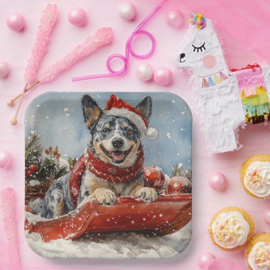 Blue Heeler Hund in Sledge Lass es Schnee Weihnach Pappteller (Party)