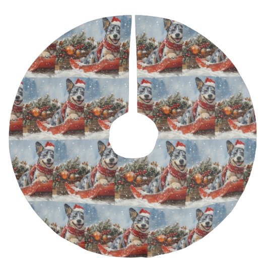 Blue Heeler Hund in Sledge Lass es Schnee Weihnach Polyester Weihnachtsbaumdecke (Vorderseite)