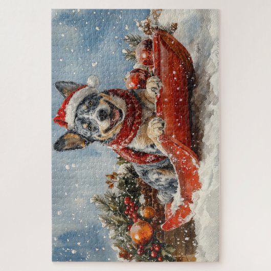 Blue Heeler Hund in Sledge Lass es Schnee Weihnach Puzzle (Vertikal)