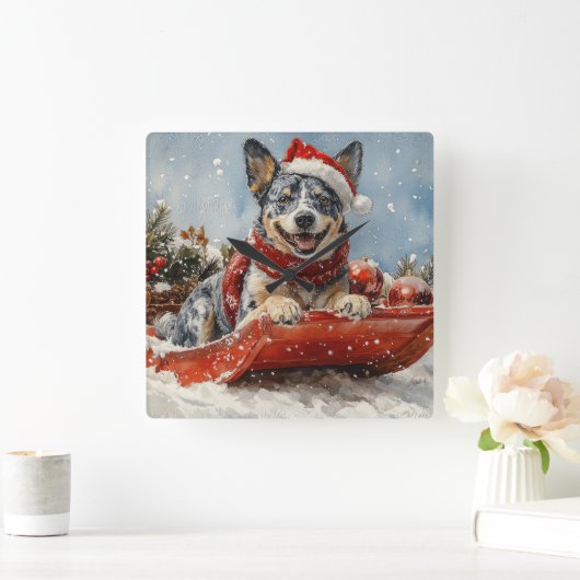 Blue Heeler Hund in Sledge Lass es Schnee Weihnach Quadratische Wanduhr (Zuhause)