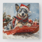 Blue Heeler Hund in Sledge Lass es Schnee Weihnach Quadratische Wanduhr (Vorderseite)
