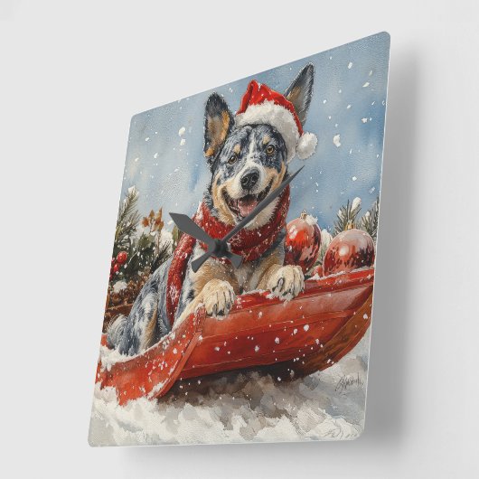 Blue Heeler Hund in Sledge Lass es Schnee Weihnach Quadratische Wanduhr (Winkel)