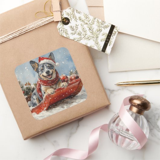 Blue Heeler Hund in Sledge Lass es Schnee Weihnach Quadratischer Aufkleber (Schenken)