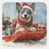 Blue Heeler Hund in Sledge Lass es Schnee Weihnach Quadratischer Aufkleber (Vorderseite)