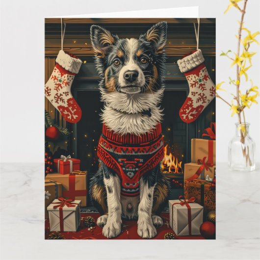 Blue Heeler Hund mit Weihnachtsgeschenken Feuerpla Karte (Gelbe Blume)