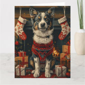 Blue Heeler Hund mit Weihnachtsgeschenken Feuerpla Karte (Vorderseite)
