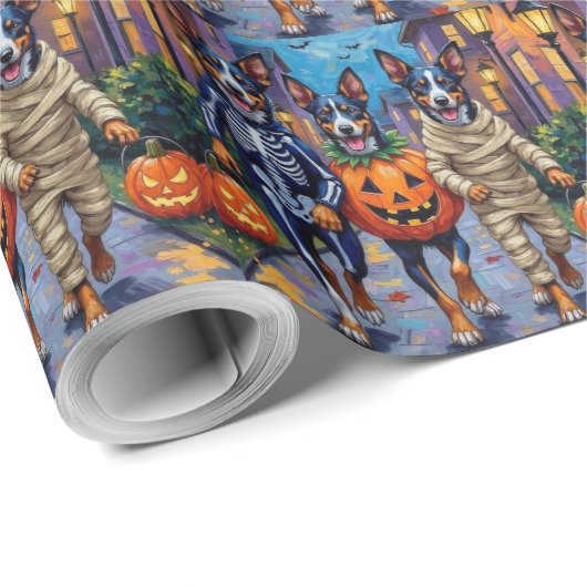 Blue Heeler Hunde Trick-or-Treating in Halloween C Geschenkpapier (Rolleneckpunkt)