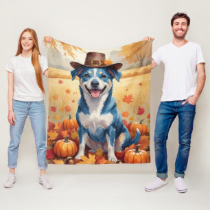 Blue Heeler im Herbstlaub Thanksgiving Kunst Fleecedecke