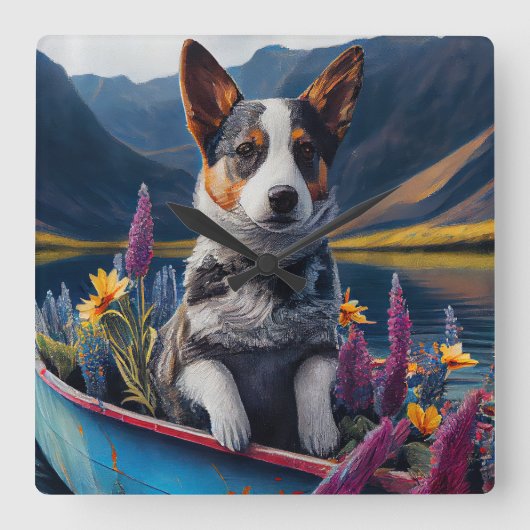Blue Heeler on a Paddle: Ein Landschaftliches Aben Quadratische Wanduhr (Vorderseite)