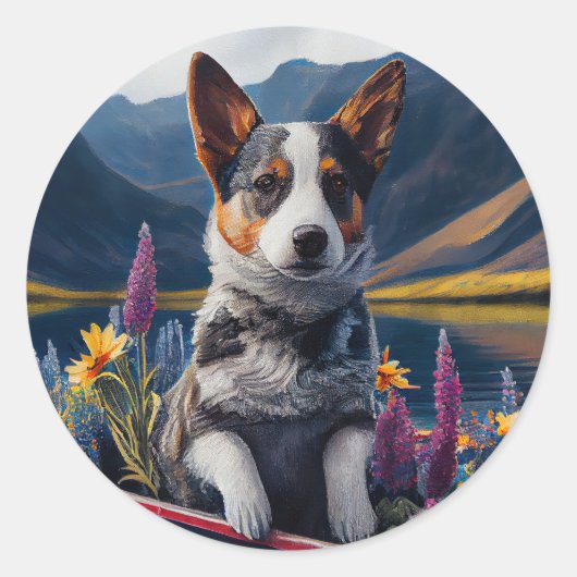 Blue Heeler on a Paddle: Ein Landschaftliches Aben Runder Aufkleber (Vorderseite)