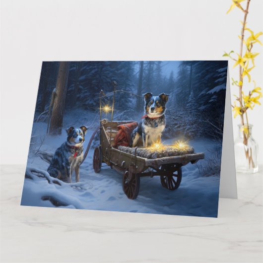 Blue Heeler Snowy Sleigh Weihnachtsdekor Karte (Gelbe Blume)