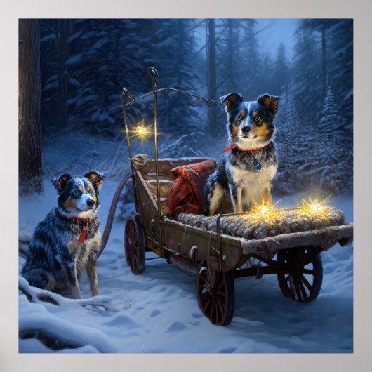 Blue Heeler Snowy Sleigh Weihnachtsdekor Poster (Vorne)