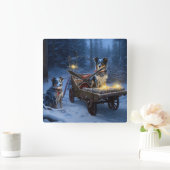 Blue Heeler Snowy Sleigh Weihnachtsdekor Quadratische Wanduhr (Zuhause)
