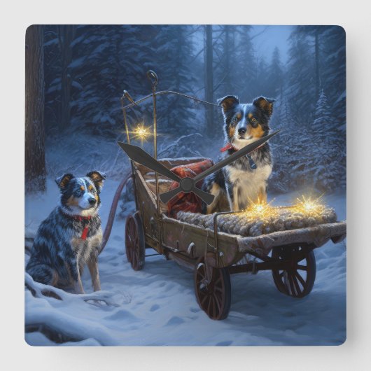 Blue Heeler Snowy Sleigh Weihnachtsdekor Quadratische Wanduhr (Vorderseite)