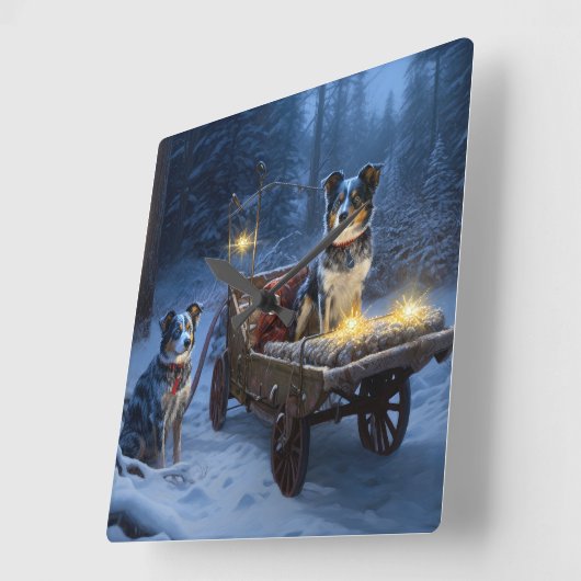 Blue Heeler Snowy Sleigh Weihnachtsdekor Quadratische Wanduhr (Winkel)