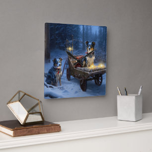 Blue Heeler Snowy Sleigh Weihnachtsdekor Quadratische Wanduhr